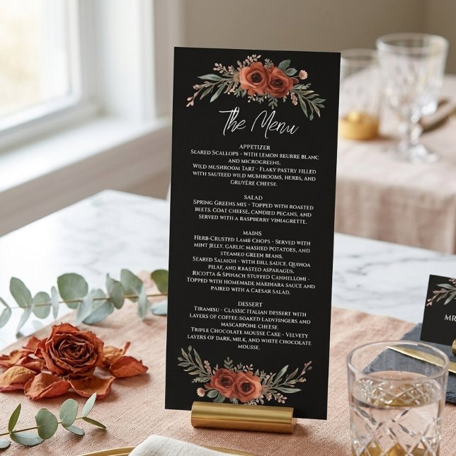 Menu Floral de Casamento Rústico Terracota e Preto (Criador carregado)