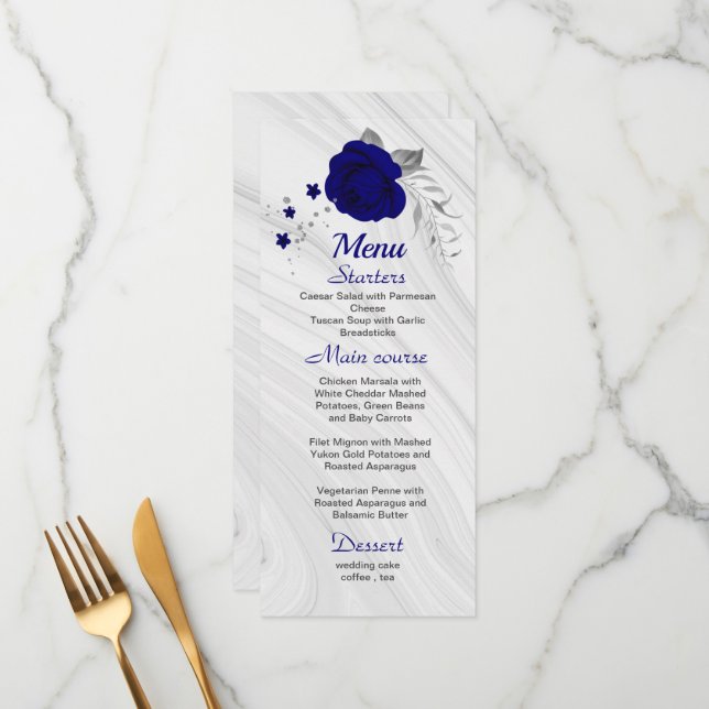 menu floral de cinzas de prata azul-real chic (Frente/Verso In Situ)