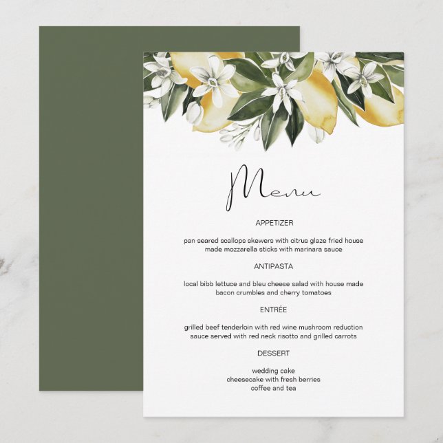 Menu Floral de Frutas Cítricas Limão Aquarela DAHL (Frente/Verso)