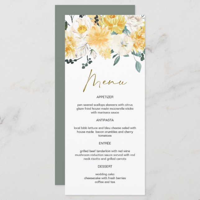 Menu Floral de Primavera de Jardim de Aquarela Amarela  (Frente/Verso)