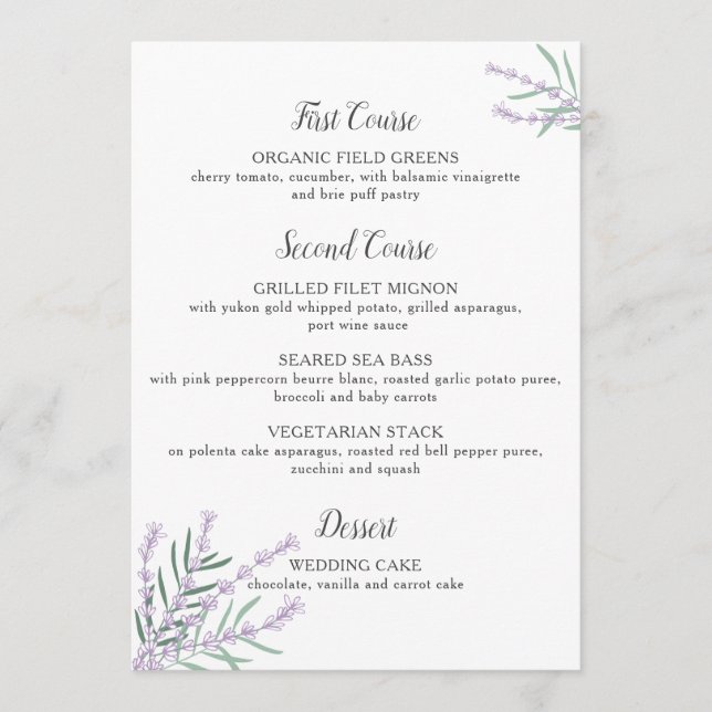 Menu floral do casamento da lavanda (Frente)