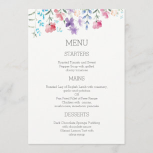 Menu floral do casamento do jardim da aguarela