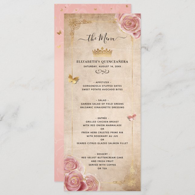 Menu Floral Dourado com Rosa de Aquarela Cor-de-Cobra R (Frente/Verso)