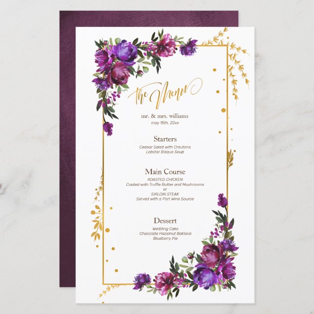 Menu Floral Dourado de Cor de Água Rosa Puro (Frente/Verso)