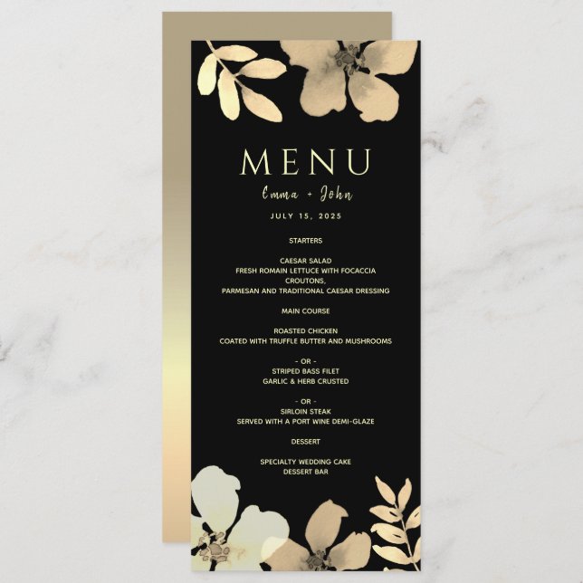 Menu Floral Dourado e Black Weding (Frente/Verso)
