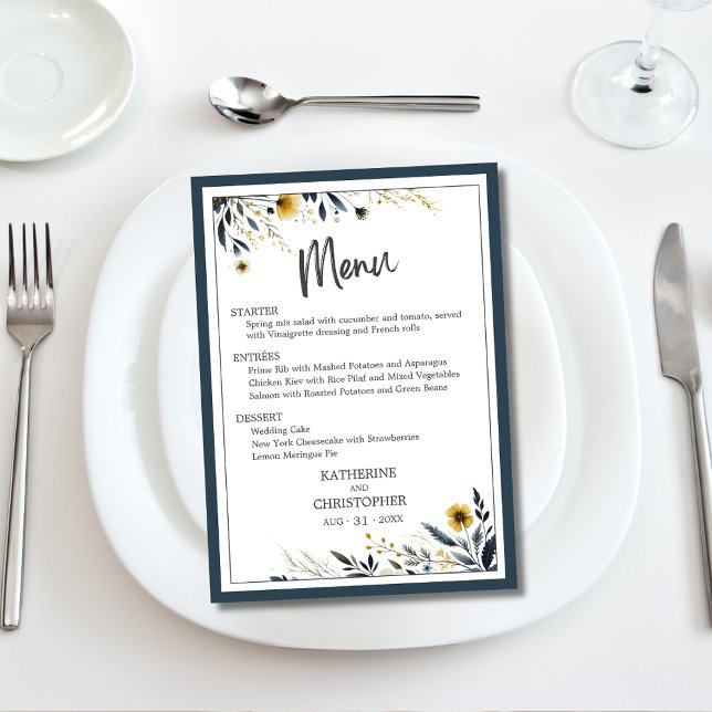 Menu Floral Dourado Moderno Elegante Azul (Blue Gold Floral Elegant Wedding Menu with entree and dessert options.)