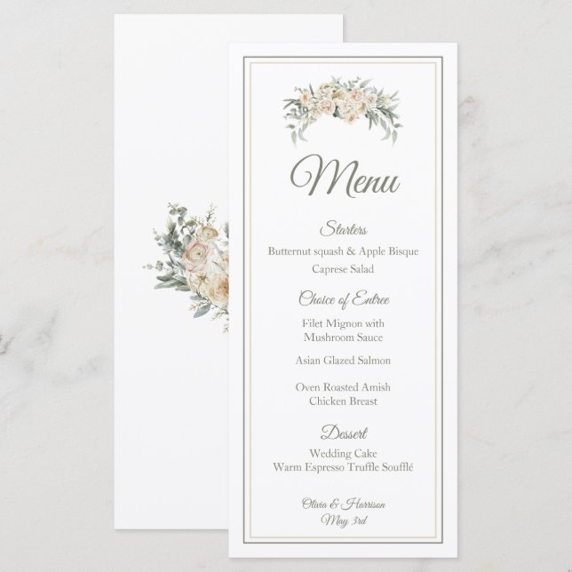 Menu Floral Elegante - Creme & Sage Green S (Frente/Verso)