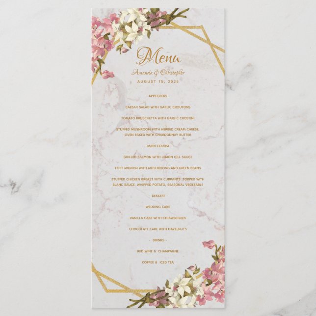 Menu Floral Geométrico Mármore Dourado e Orquídeas Casa (Frente)