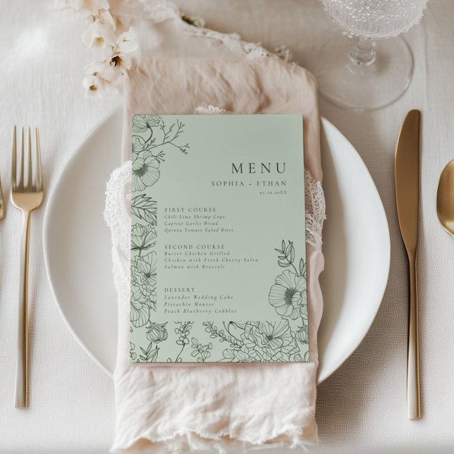 Menu Floral Line Art Sage Green Wedding (Criador carregado)