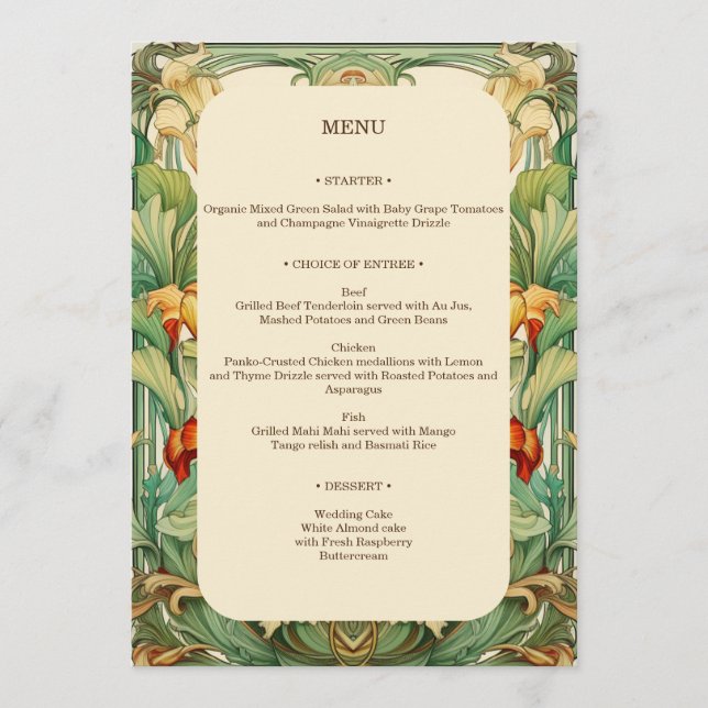 Menu Floral Mucha Art Nouveau Vermelho e Laranja Botâni (Frente)