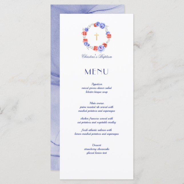 Menu Floral Peony Wreath Baptism Christening (Frente/Verso)