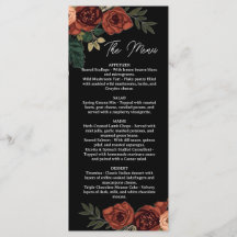 Menu Floral Preto Romântico Sombrio, Menu de Casam