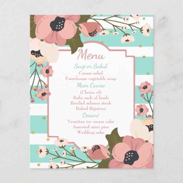 Menu Floral Rosa Mint Blue Stripes Casamento (Frente)