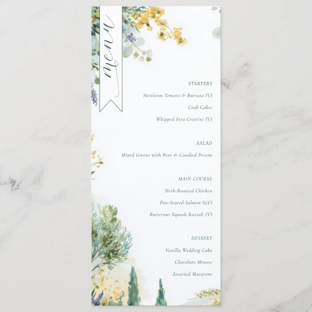 Menu Floral Sereno em Aquarela Pastel (Frente)