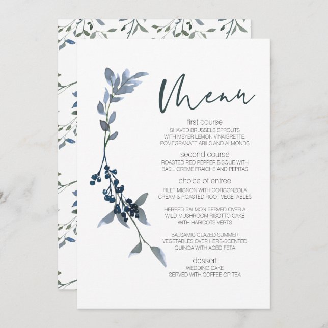 Menu Floral Verde de Casamento Sage Silver (Frente/Verso)