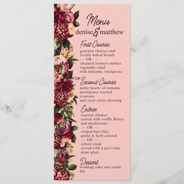 Menu Floral Watercolor Blush Burgundy (Frente)