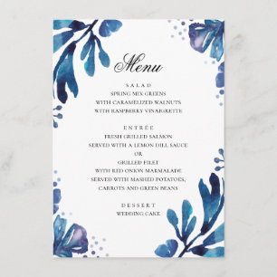 Menu Flores azuis de cor aquosa. casamento botânico do