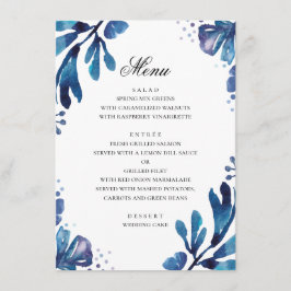 Menu Flores azuis em aquarela. Casamento botânico azul-