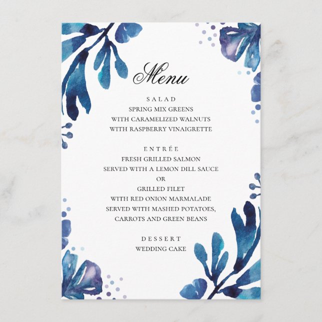 Menu Flores azuis em aquarela. Casamento botânico azul- (Frente)