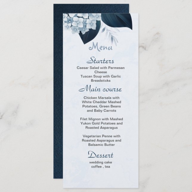 Menu flores azuis poeirentas folhas de marinho (Frente/Verso)