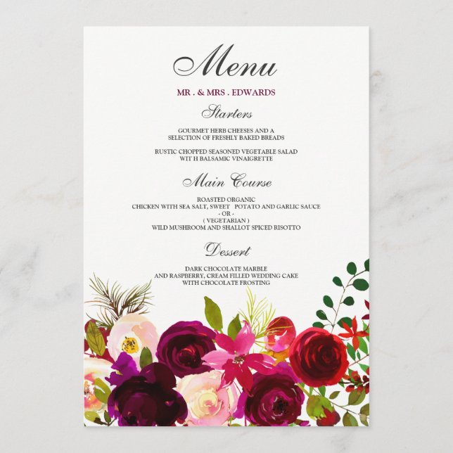 Menu Flores Borgonha Floral Elegante Casamento (Frente)