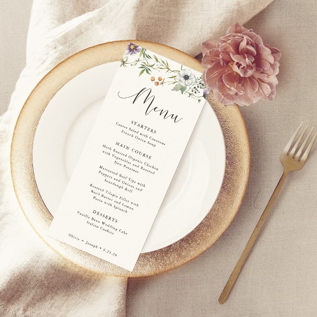 Menu Flores Botânicas | Casamento Elegante Simples (A simple and elegant wedding menu decorated with wildflowers)