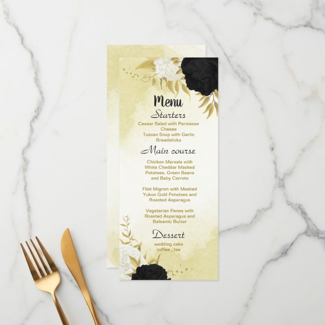 Menu flores brancas pretas ouro folhas casamento (Frente/Verso In Situ)
