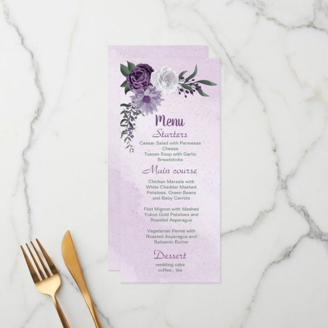 Menu flores brancas roxas românticas folhas verdes (Frente/Verso In Situ)