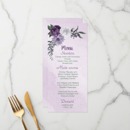 Menu flores brancas roxas românticas folhas verdes