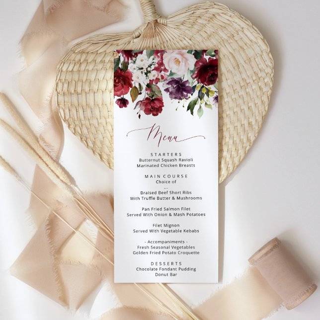 Menu Flores de Borgonha, Flores Rosa, Verde, Casamento (Criador carregado)