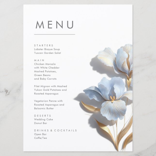 Menu Flores de Lírio 3D Estilizadas Azul Dourado (Frente)