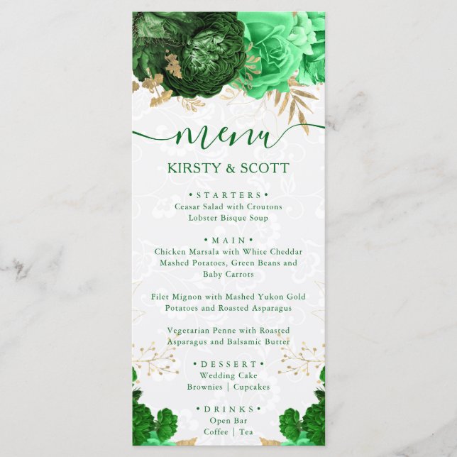 Menu Flores de Noiva em Aquarela Verde e Dourado (Frente)