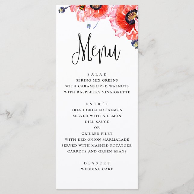 Menu Flores de papoulas. Casamento floral vermelho aqua (Frente)