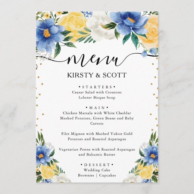 Menu Flores de Verão Azuis e Amarelas Casamento (Frente)