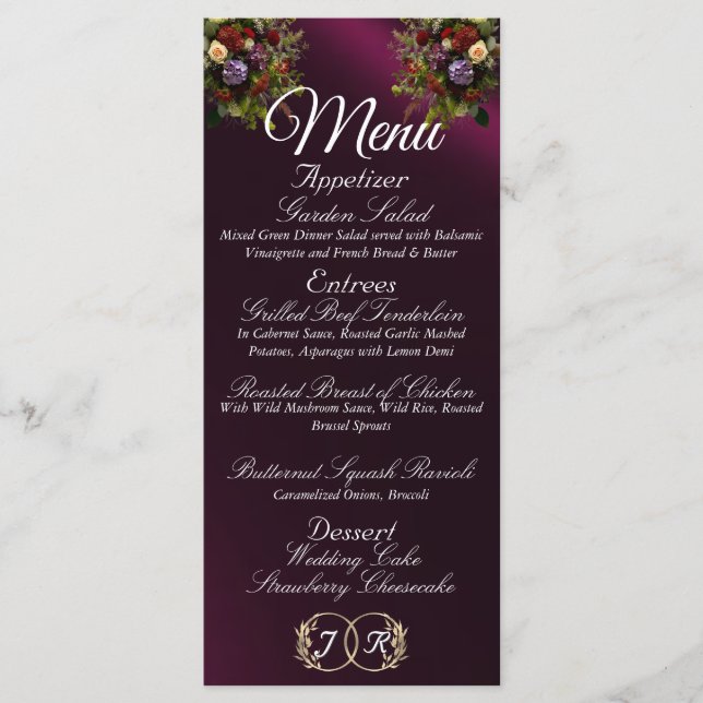 Menu Flores e Fita Selvagens - Casamento Roxo (Frente)