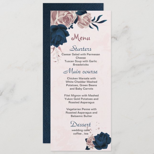 Menu flores e marinhos rosa e folhas casamento (Frente/Verso)