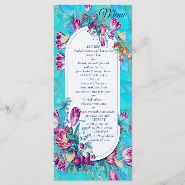 Menu Flores em Aquarela com Borboletas Visitantes (Frente)