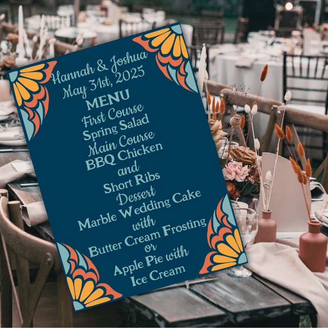 Menu Flores Laranja-Groovy no Casamento Azul Profundo (Criador carregado)