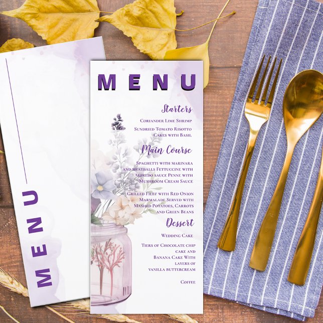Menu Flores Na Festa de casamento Floral Roxal Mason Ja (Flowers In Mason Jar Purple Floral Wedding Party Menu)