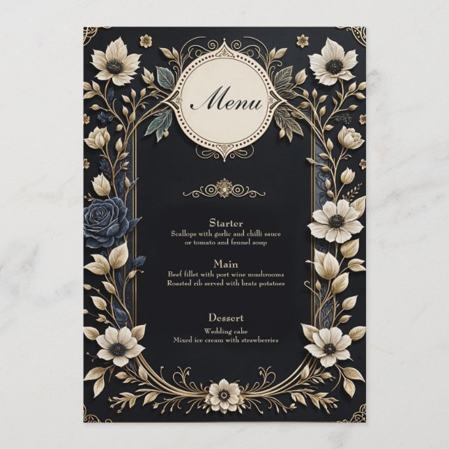 Menu Flores românticas brilhantes sobre fundo azul prof (Frente)