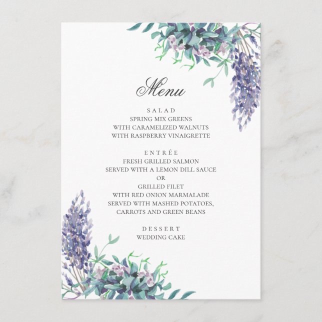 Menu Flores roxas. Casamento floral de jardim. Lavanda (Frente)