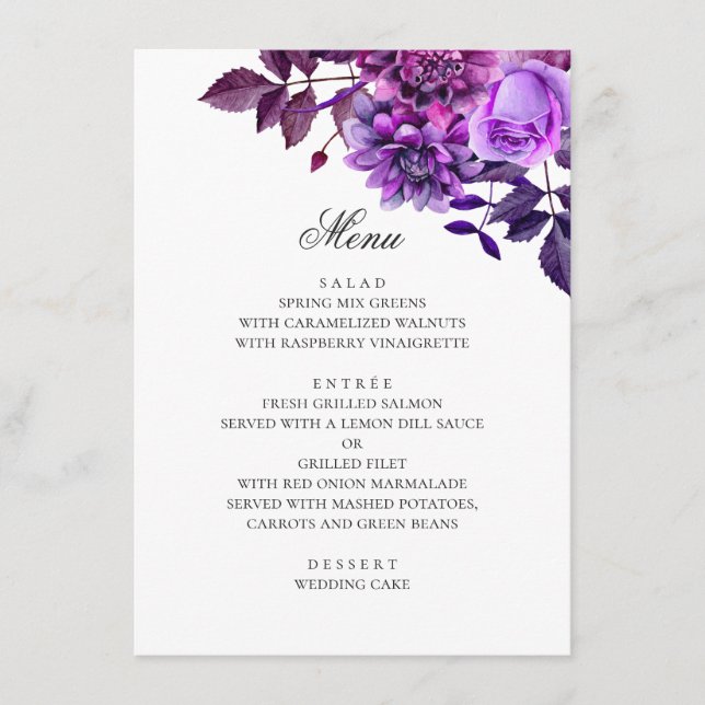Menu Flores roxas de aquarela. Casamento floral de lava (Frente)