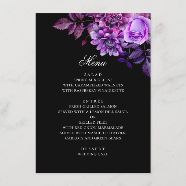 Menu Flores roxas de aquarela. Casamento negro (Frente)