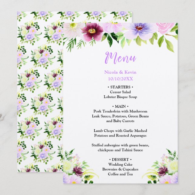 Menu Flores Roxas de Primavera com Folhagem (Frente/Verso)