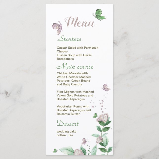 Menu flores roxas folhas verdes borboletas casamento (Frente)