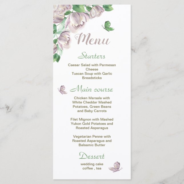 Menu flores roxas folhas verdes borboletas casamento (Frente)