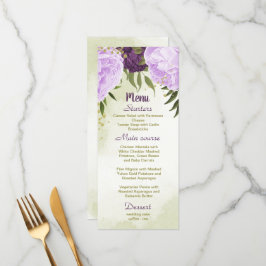 Menu flores roxas folhas verdes casamento