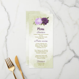 Menu flores roxas folhas verdes casamento