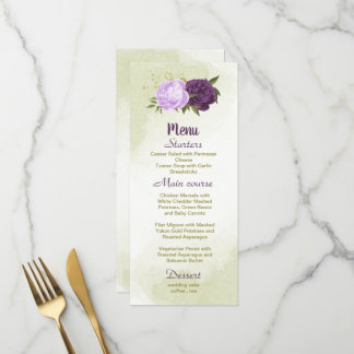 Menu flores roxas folhas verdes casamento