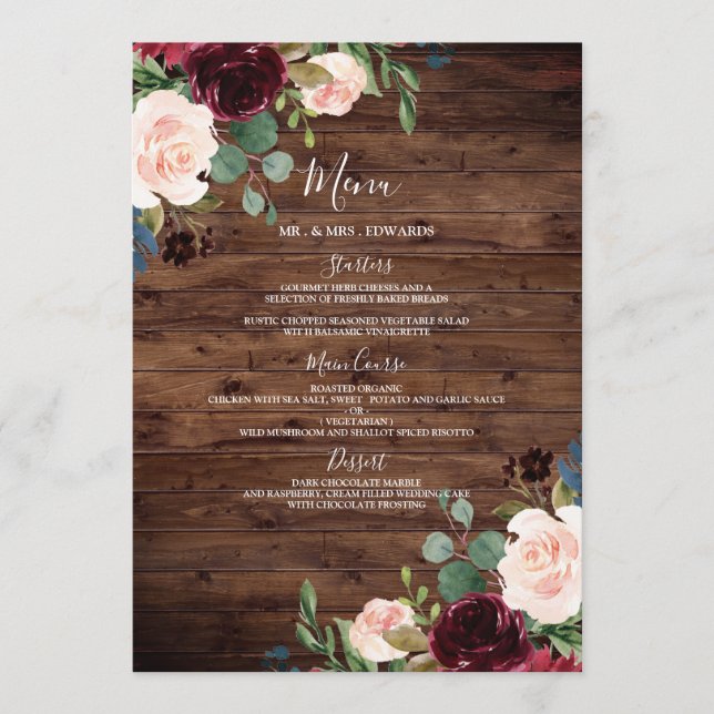 Menu Flores Rustic Wood Burgundy Red Wine Casamento (Frente)